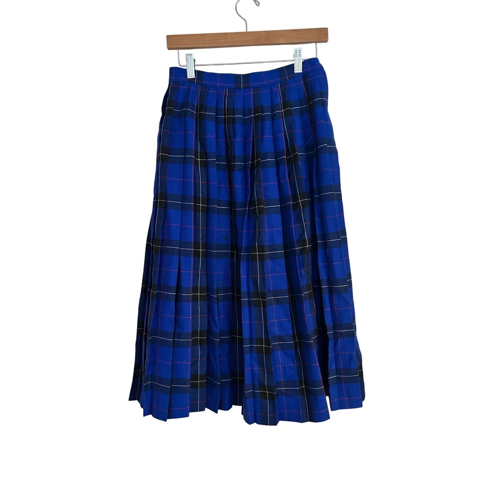Highland Queen Vintage Blue Plaid Wool Pleated Midi Skirt Size Small‎